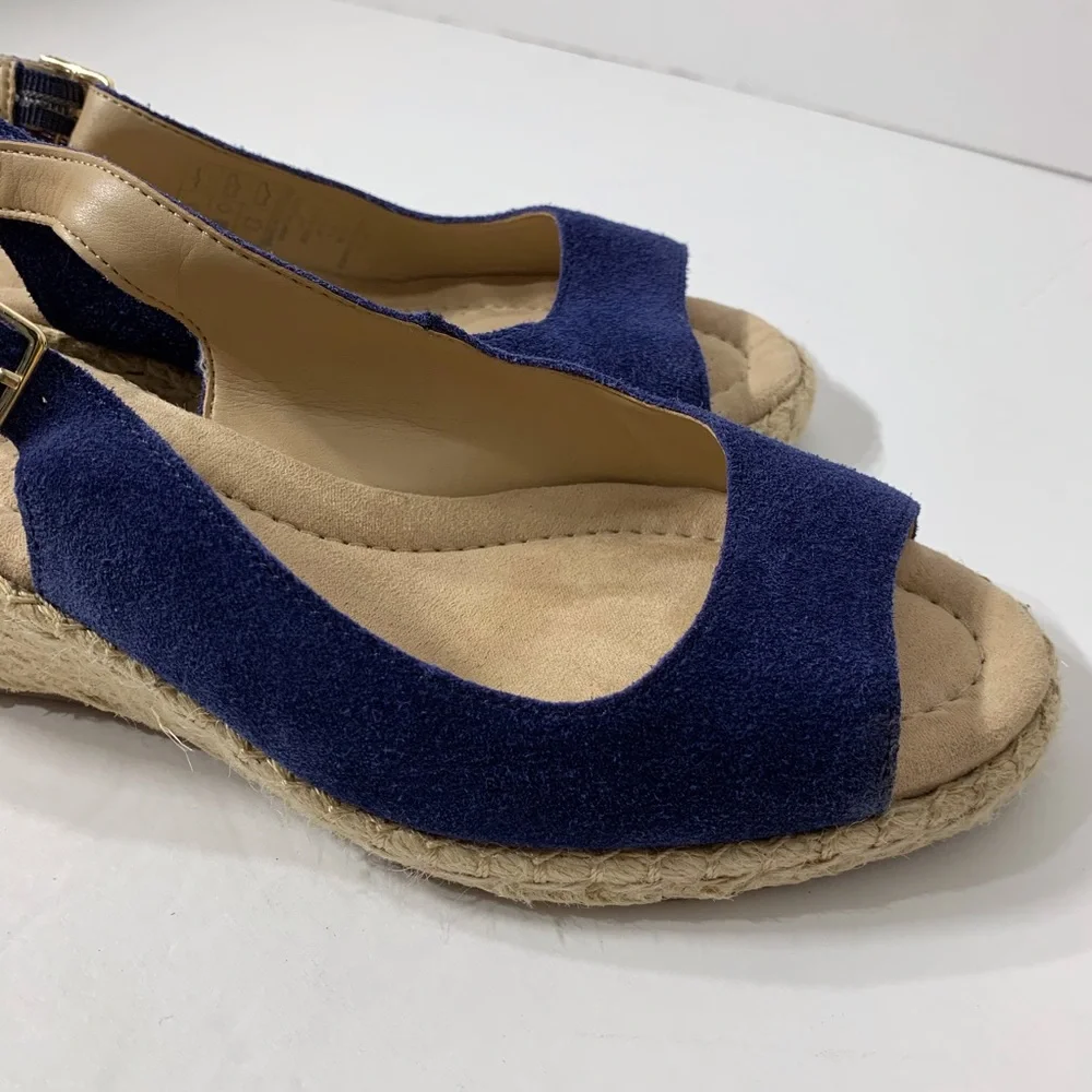 EUC Lands’ End Blue Suede Wedge Jute‎ Heel Sandals
